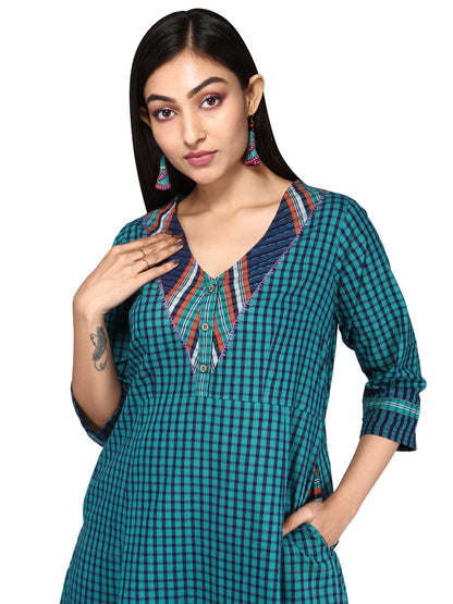 Dress V Neck Gamcha Fashion Handloom Cotton Fabric Green D09