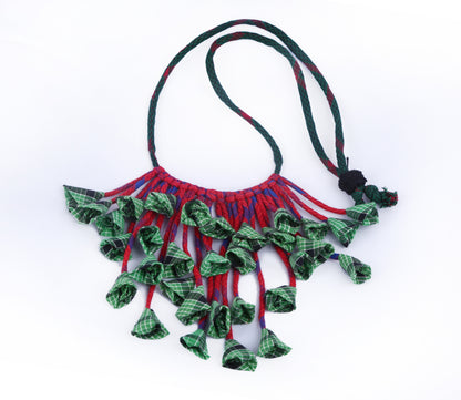 Handembroidered Gamcha Fabric with Cristal Beads Necklace green (N03)