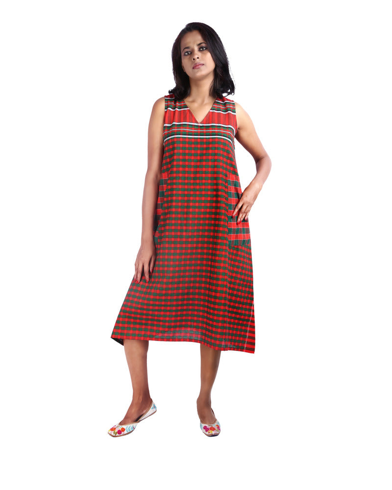 Gamcha Fashion Handloom Cotton Dress half Sleeves (Red) D012