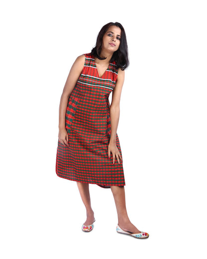 Gamcha Fashion Handloom Cotton Dress half Sleeves (Red) D012