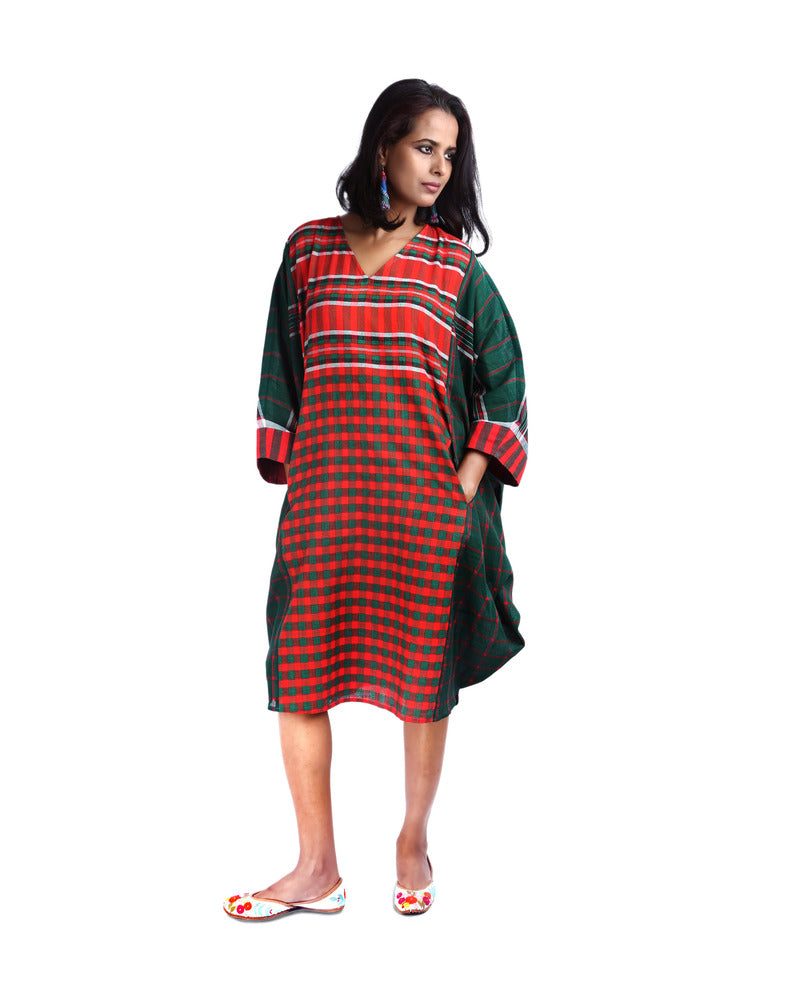 Gamcha Fashion Handloom Cotton Kaftan Dress (Green) D013