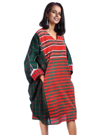 Gamcha Fashion Handloom Cotton Kaftan Dress (Green) D013