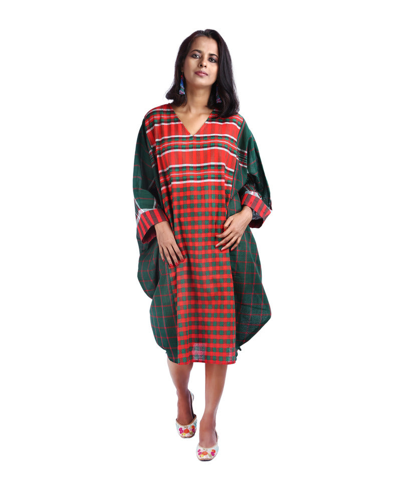 Gamcha Fashion Handloom Cotton Kaftan Dress (Green) D013