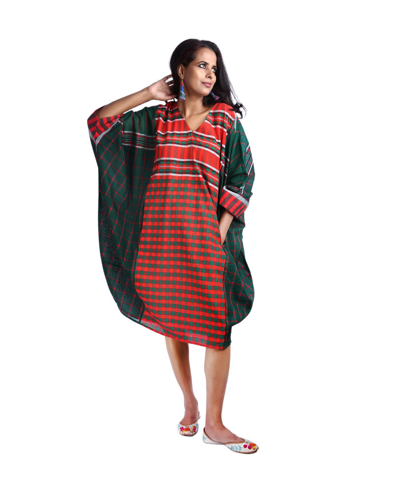 Gamcha Fashion Handloom Cotton Kaftan Dress (Green) D013