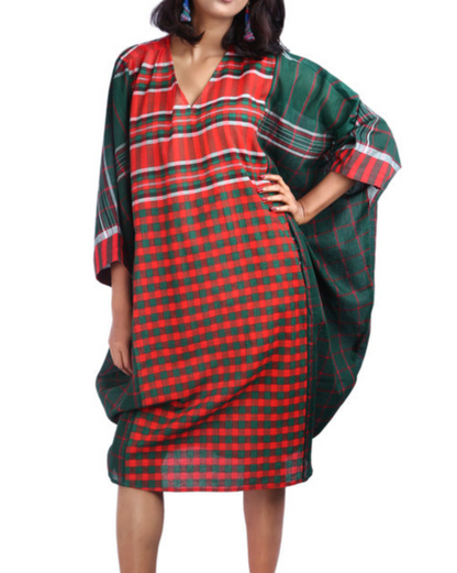 Gamcha Fashion Handloom Cotton Kaftan Dress (Green) D013