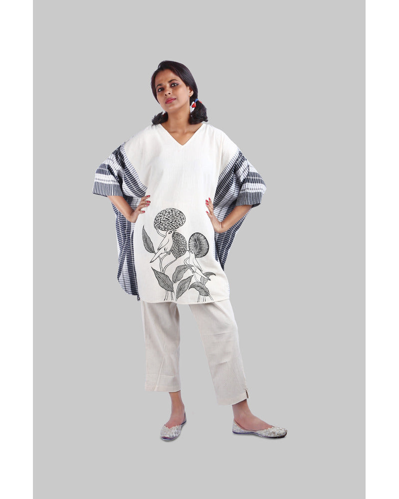 Hand Painted Gamcha Cotton Kaftan Dress (White) D011