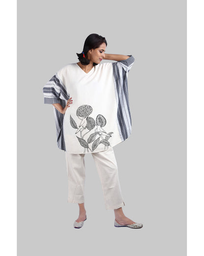 Hand Painted Gamcha Cotton Kaftan Dress (White) D011