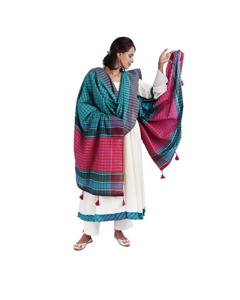 Patch work Gamcha Fashion Handloom Cotton Dupatta (Green and Red) DP01