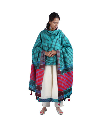 Patch work Gamcha Fashion Handloom Cotton Dupatta (Green and Red) DP01