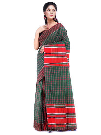 Traditional Handloom Gamcha Cotton Saree with Vibrant Patchwork Design Green Red (GS02)