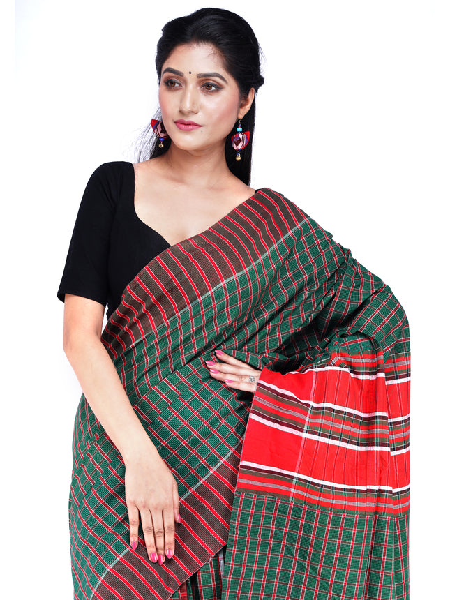 Traditional Handloom Gamcha Cotton Saree with Vibrant Patchwork Design Green Red (GS02)