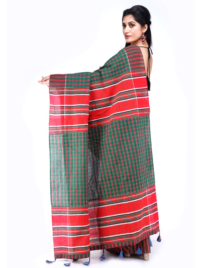 Traditional Handloom Gamcha Cotton Saree with Vibrant Patchwork Design Green Red (GS02)