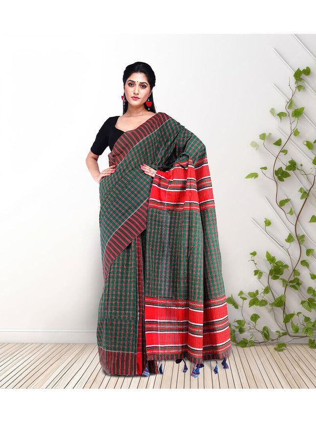 Traditional Handloom Gamcha Cotton Saree with Vibrant Patchwork Design Green Red (GS02)