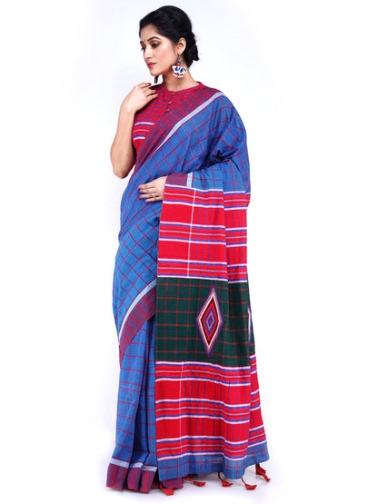 Traditional Handloom Diamond Design Gamcha Cotton Saree with Vibrant Patchwork Design (GS03)