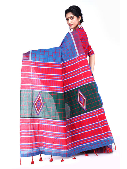 Traditional Handloom Diamond Design Gamcha Cotton Saree with Vibrant Patchwork Design (GS03)