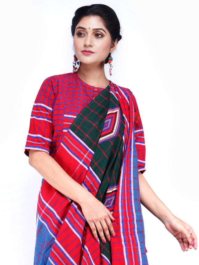 Traditional Handloom Diamond Design Gamcha Cotton Saree with Vibrant Patchwork Design (GS03)