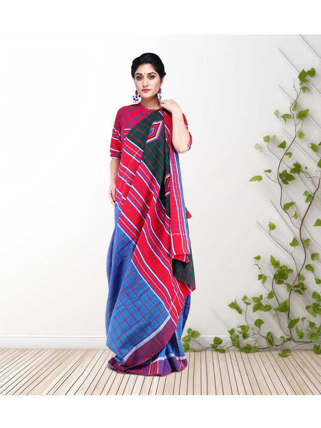 Traditional Handloom Diamond Design Gamcha Cotton Saree with Vibrant Patchwork Design (GS03)