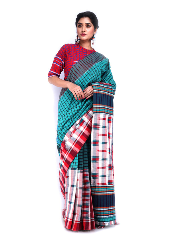 Traditional Handloom Ikkat Gamcha Cotton Saree with Vibrant Patchwork Design Green(GS04)