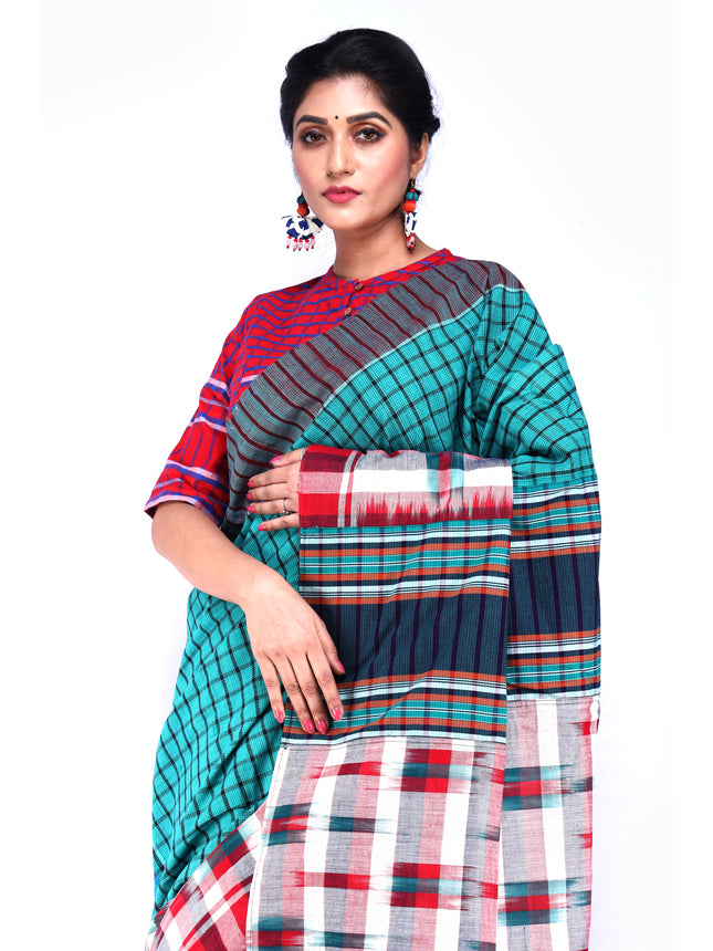 Traditional Handloom Ikkat Gamcha Cotton Saree with Vibrant Patchwork Design Green(GS04)