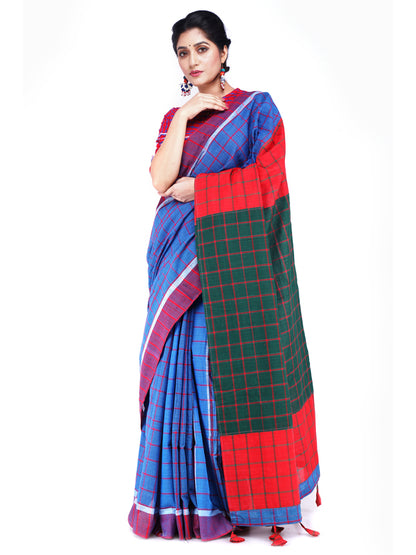 Traditional Handloom Gamcha Cotton Saree with Vibrant Patchwork Design Blue Green (GS05)