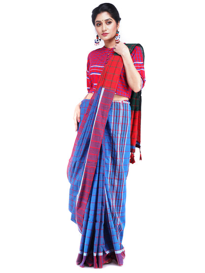 Traditional Handloom Gamcha Cotton Saree with Vibrant Patchwork Design Blue Green (GS05)