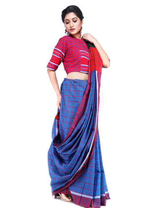 Traditional Handloom Gamcha Cotton Saree with Vibrant Patchwork Design Blue Green (GS05)