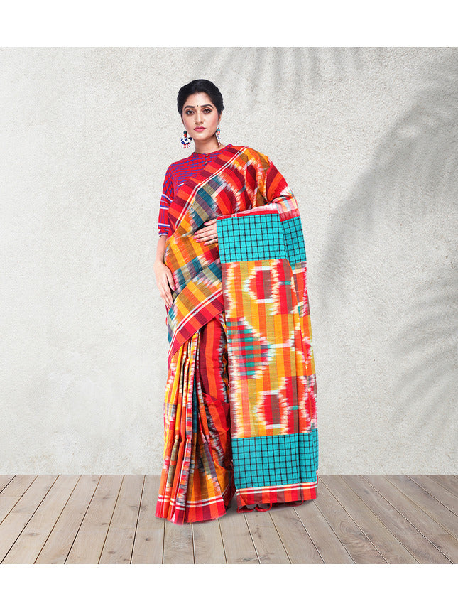 Traditional Handloom Ikkat Gamcha Cotton Saree with Vibrant Patchwork Design Orange (GS06)