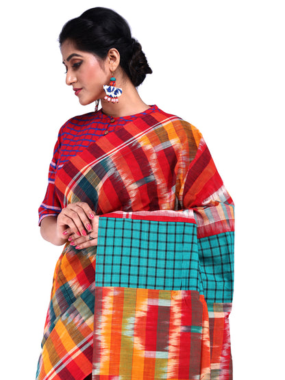 Traditional Handloom Ikkat Gamcha Cotton Saree with Vibrant Patchwork Design Orange (GS06)