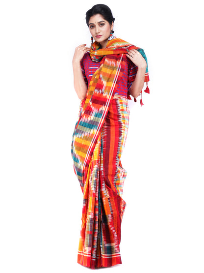 Traditional Handloom Ikkat Gamcha Cotton Saree with Vibrant Patchwork Design Orange (GS06)