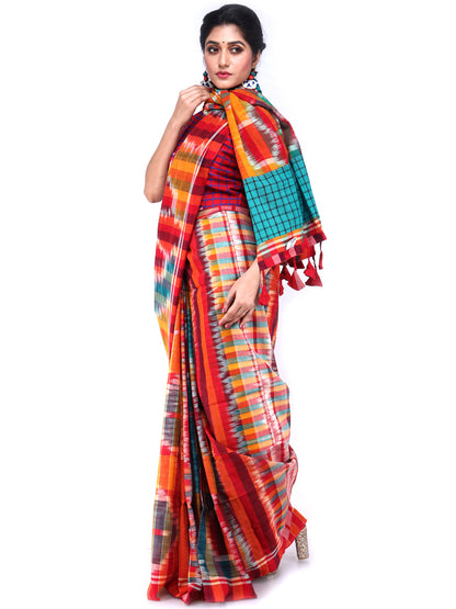 Traditional Handloom Ikkat Gamcha Cotton Saree with Vibrant Patchwork Design Orange (GS06)