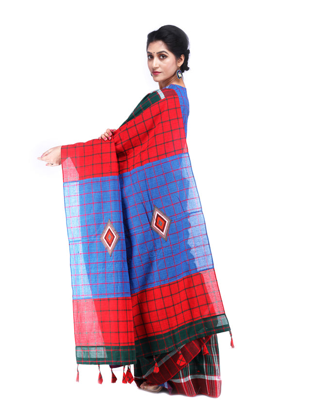 Traditional Handloom Gamcha Cotton Saree with Vibrant Patchwork Design