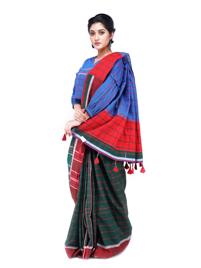 Traditional Handloom Gamcha Cotton Saree with Vibrant Patchwork Design