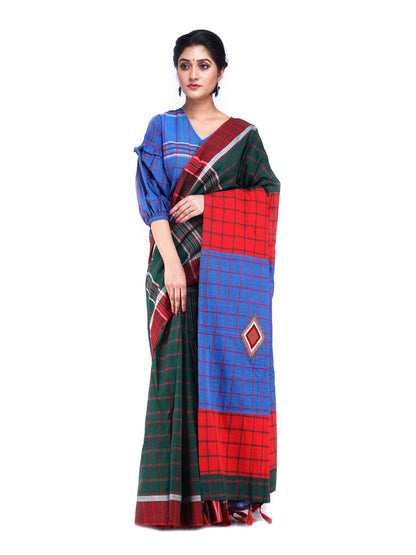 Traditional Handloom Gamcha Cotton Saree with Vibrant Patchwork Design