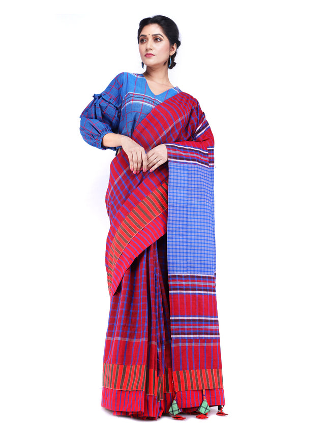 Saree Gamcha Fashion Handloom Cotton Fabric Red and Blue GS9