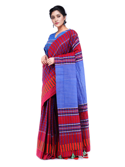 Saree Gamcha Fashion Handloom Cotton Fabric Red and Blue GS9