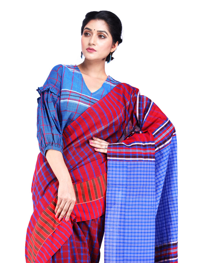 Saree Gamcha Fashion Handloom Cotton Fabric Red and Blue GS9