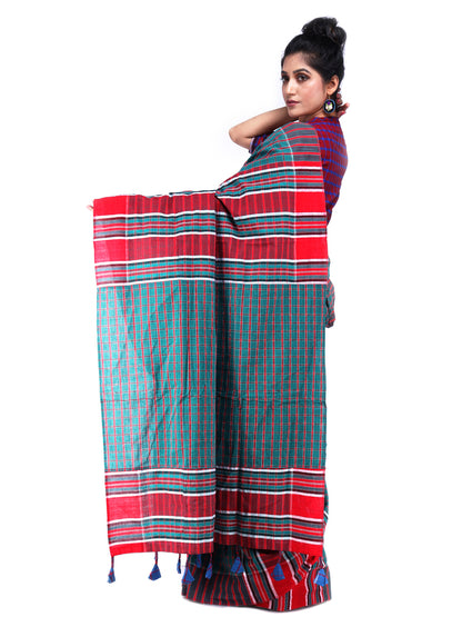 Saree Gamcha Fashion Handloom Cotton Fabric Green and Red GS12