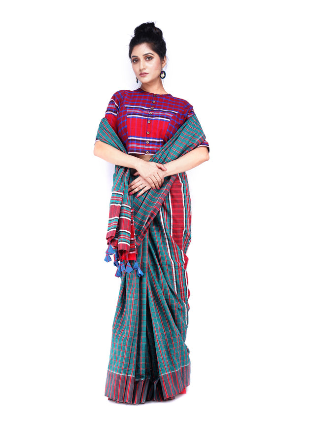 Saree Gamcha Fashion Handloom Cotton Fabric Green and Red GS12