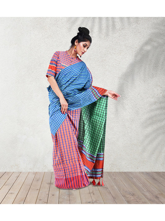 Neel Nayika Cotton Saree Blue and Red GS14