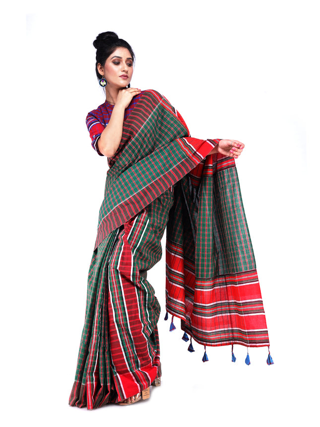 Shalimar Crimson Cotton Saree Dark Green and Red GS15