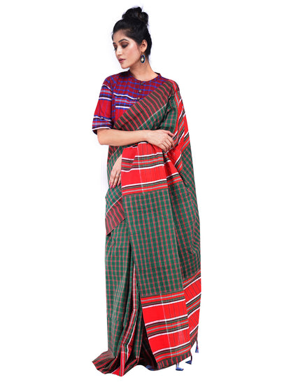 Shalimar Crimson Cotton Saree Dark Green and Red GS15