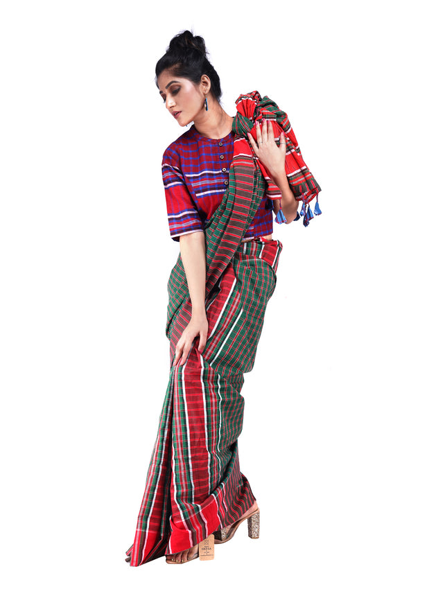 Shalimar Crimson Cotton Saree Dark Green and Red GS15