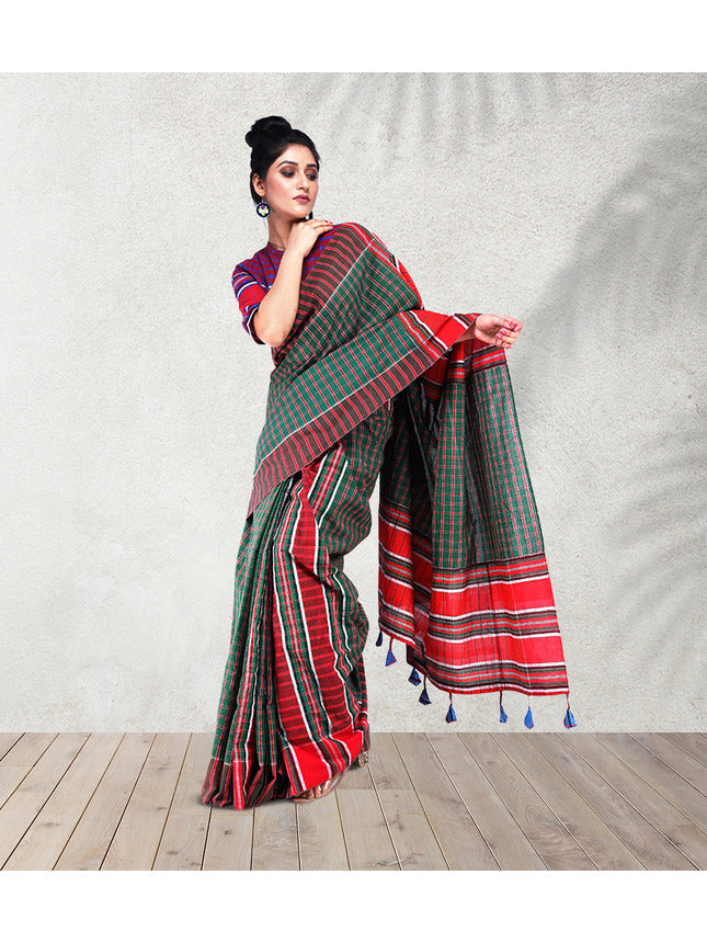 Shalimar Crimson Cotton Saree Dark Green and Red GS15