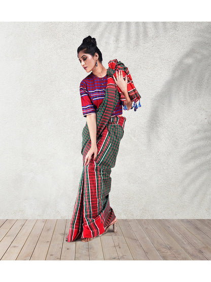 Shalimar Crimson Cotton Saree Dark Green and Red GS15