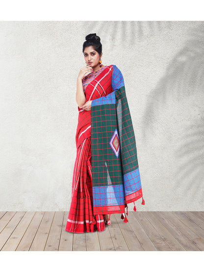 Saree Gamcha Fashion Handloom Cotton Fabric Sky blue, Green and Red GS17