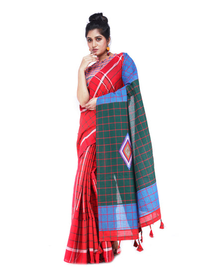 Saree Gamcha Fashion Handloom Cotton Fabric Sky blue, Green and Red GS17