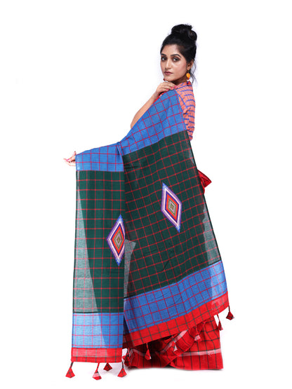 Saree Gamcha Fashion Handloom Cotton Fabric Sky blue, Green and Red GS17