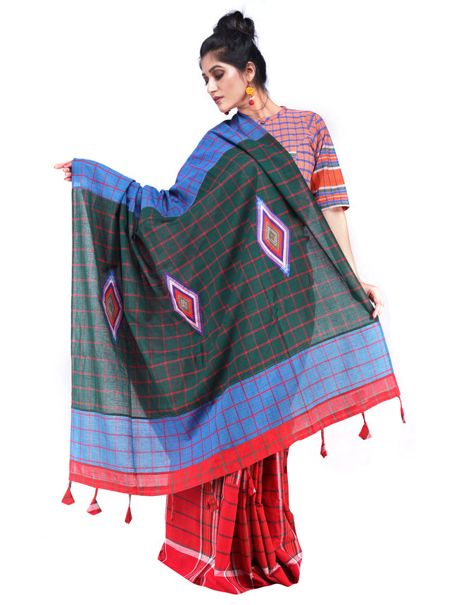 Saree Gamcha Fashion Handloom Cotton Fabric Sky blue, Green and Red GS17