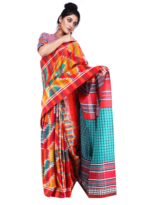 Saree Gamcha Fashion Handloom Cotton Fabric Sky blue, Orange and Red GS18