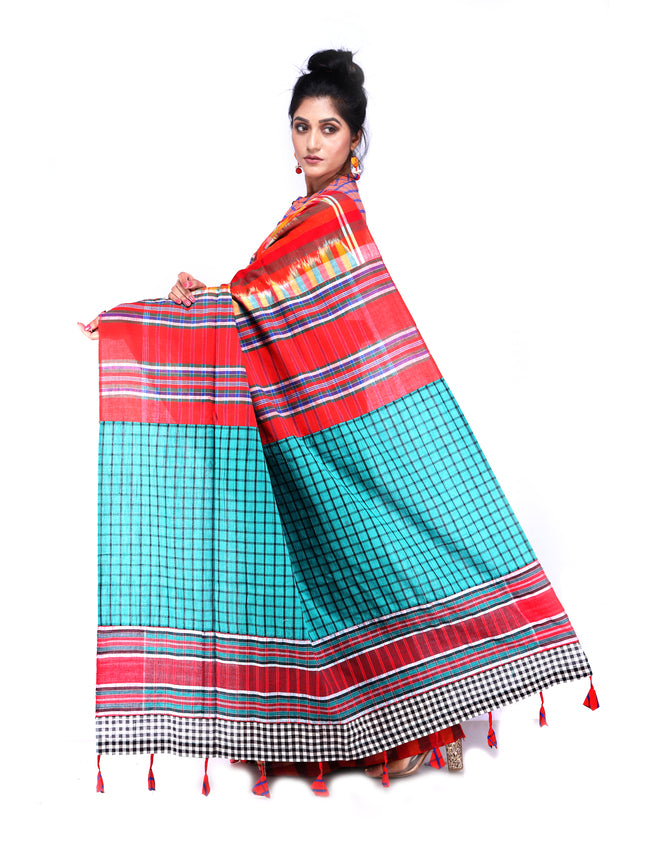 Saree Gamcha Fashion Handloom Cotton Fabric Sky blue, Orange and Red GS18